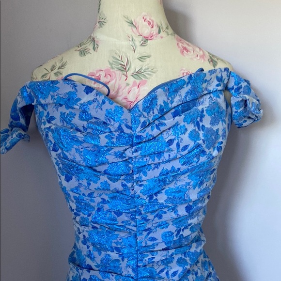 Theia Blue and White Off-Shoulder Sheath Dress - Picture 2 of 16